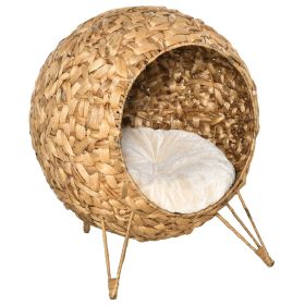 PawHut 20.5 Weaved Cat Bed Elevated Hand Made Cat House Condo with Cushion Brown